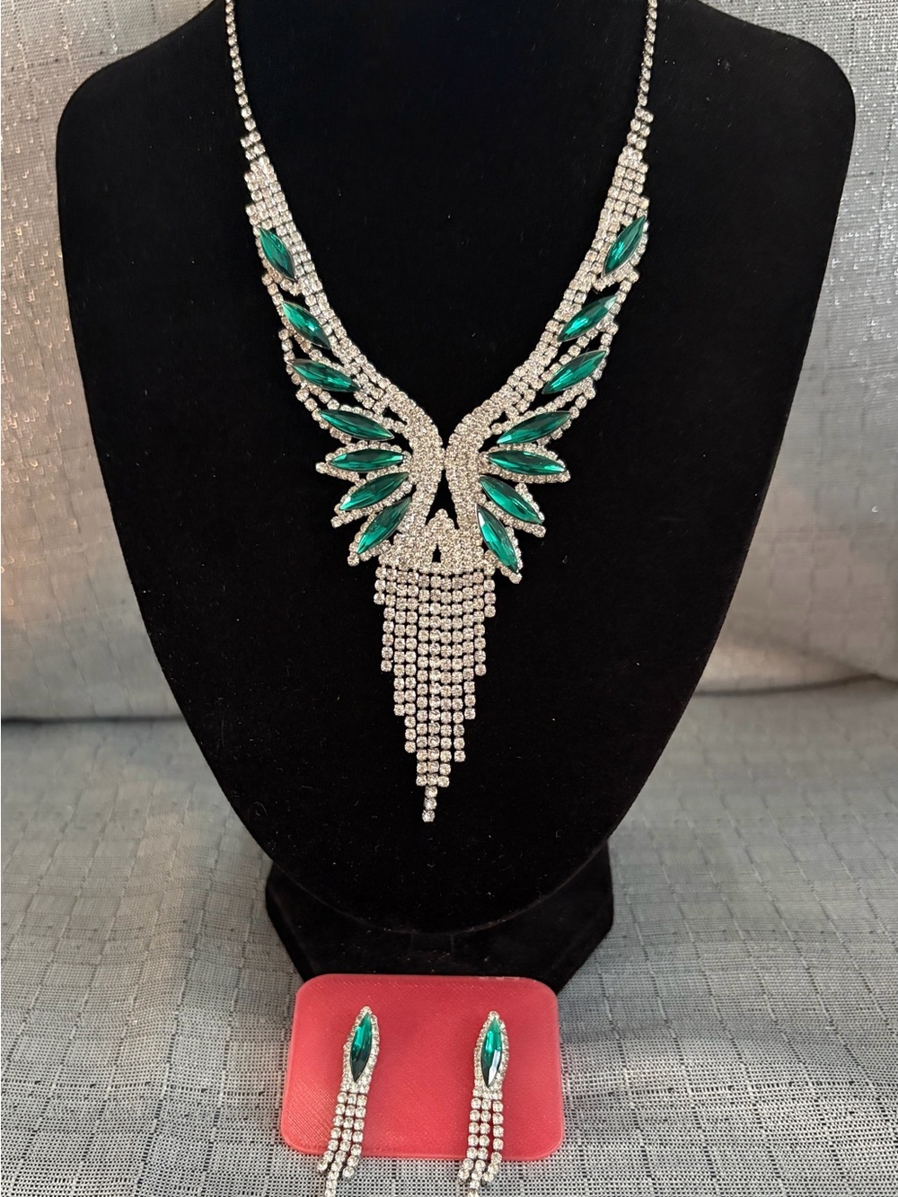Emerald Crystal Fringe Statement Necklace and Earring Set